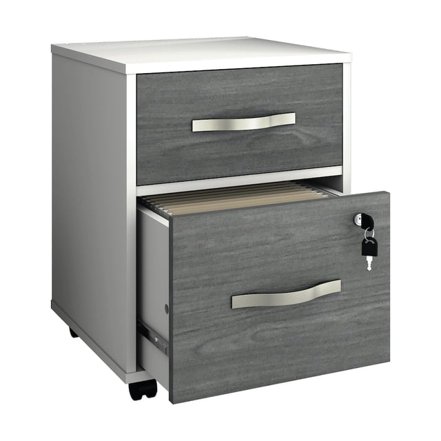 archivero esencial 2 cajones para tamaño carta, un cajón con llave, 4 ruedas, tablero laminado texturizado playcon — Archivero vertical en vista 3/4 con cuerpo gris claro y frentes gris oscuro; dos cajones con tiradores curvos metálicos, cajón inferior abierto con carpetas colgantes y cerradura con llave puesta, cuatro ruedas negras visible y tablero superior texturizado; medidas 55.3 x 41.2 x 40.2 cm; diseñado para organizar documentos tamaño carta y moverlo fácilmente; también suele usarse para guardar suministros de oficina.