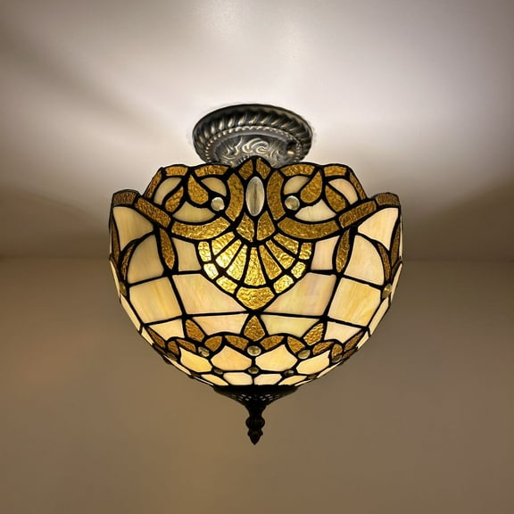 ENJOY DECOR LAMPS 12-Inch Tiffany 2-Light Bronze Corded Electric Ceiling Light with Stained Glass Bowl