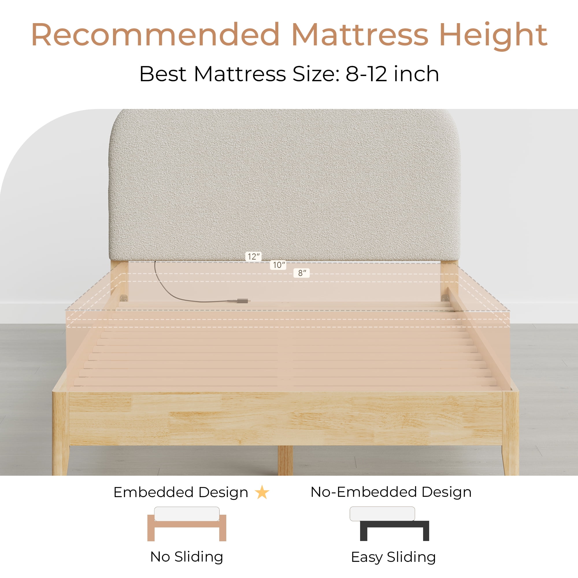 Spruce & Spring Mid-Century Modern Upholstered Platform Bed with USB Charging, Boucle Headboard, No Box Spring Needed, Full Size Bed Frame, Oak