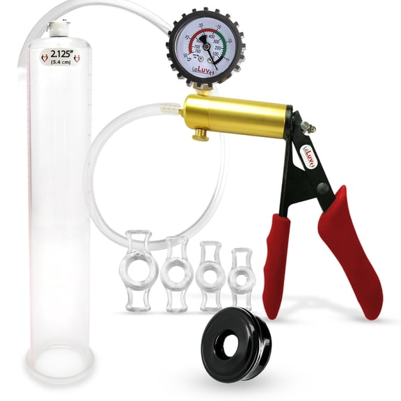 LeLuv Ultima Penis Pump, Brass w/ Red Handle, Silicone Grip, Clear Hose Protected Gauge | Silicone, 4 Cock Rings | 12" x 2.125" Cylinder