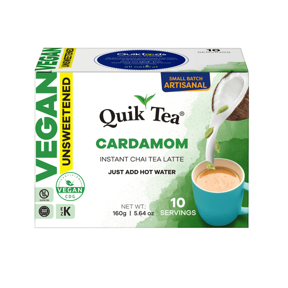 QuikTea Instant Unsweetened Vegan Cardamom Chai Tea Latte – 10 Count, Warm and soothing Cardamom Flavor, low Caffeine, no artificial colors, flavors or preservatives  – Just Add Hot Water, non-GMO