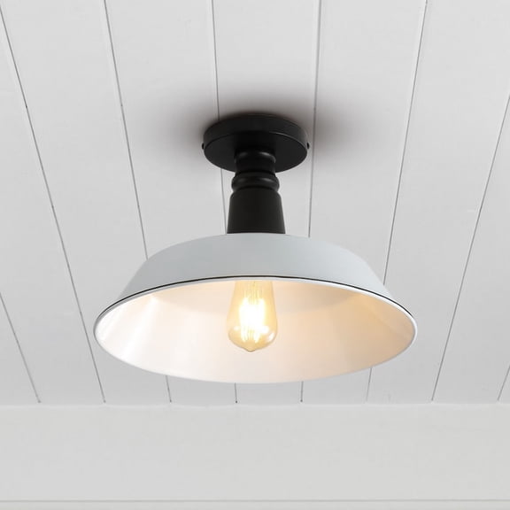 JONATHAN Y Camila 14" 1-Light Classic Industrial Indoor/Outdoor Iron LED Semi Flush Mount, White/Black, JYL7617A