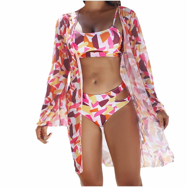 Trajes de Baño de Bikini de Mujer con Correas Impresas V Sexy Split Set de Tres Piezas, Diseño de Corte Alto para la Piscina de Playa Y las Vacaciones de Verano