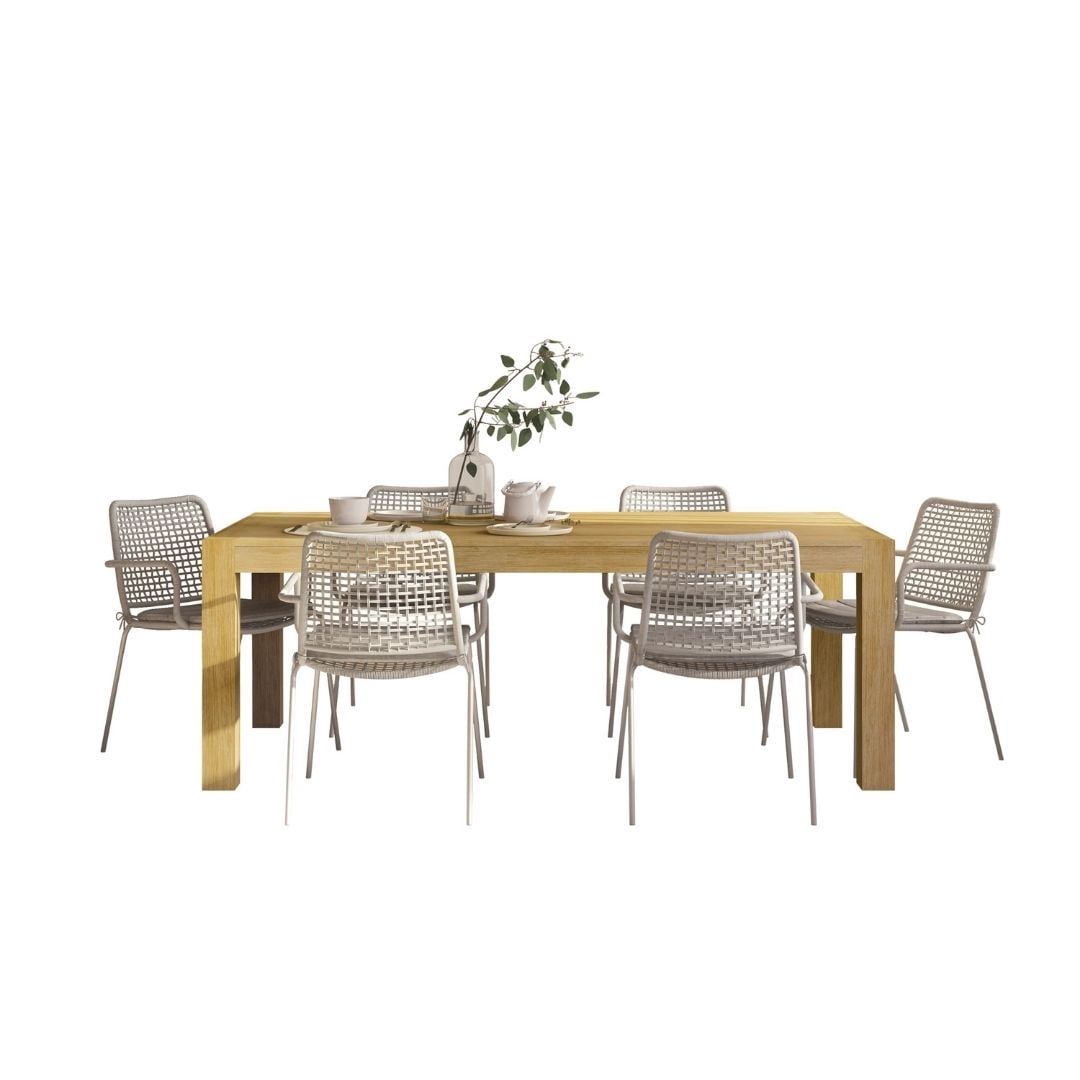 Midtown Concept Agata 7-Piece Patio Rectangular Table Set, Eucalyptus Wood, Ideal for Indoors, Gray with Gray Cushions