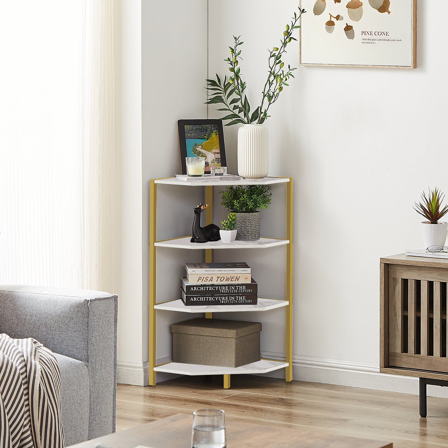VECELO 4-Tier Corner Shelf, Multipurpose Wood Storage Stand VECELO 4-Tier Corner Shelf, Multipurpose Wood Storage Stand