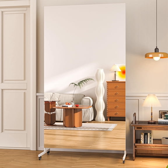 Hasipu 79"x40" Full Body Mirror on Wheels - 360° Swivel Home Gym Mirror, Extra Large Tempered Glass Rolling Mirror for Yoga, Dance Studio & Bedroom, White