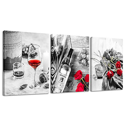 Canvas Wall Art Decor Wine Painting Artwork Poster Red In Cups With Ice Rose Black White Print Framed Pictures Giclee For Kitchen Bar Home Decorations - Black White Red Wall Art Decor