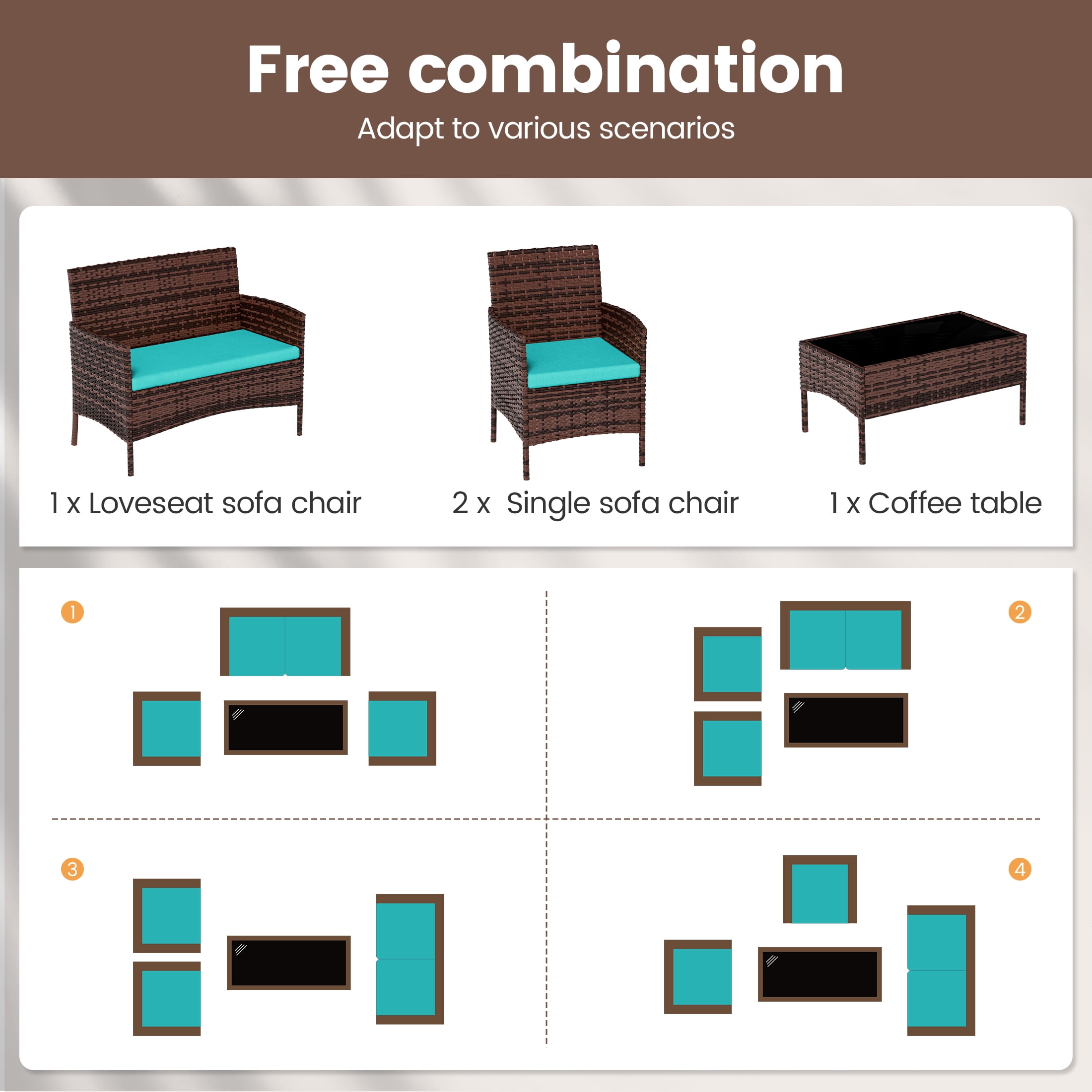 UDPATIO 4 Pieces Outdoor Patio Furniture,Sectional Conversation Sets,Brown PE Rattan Patio Chairs with Table and Loveseat for Balcony, Porch, Backyard,（Turquoise Cushion）