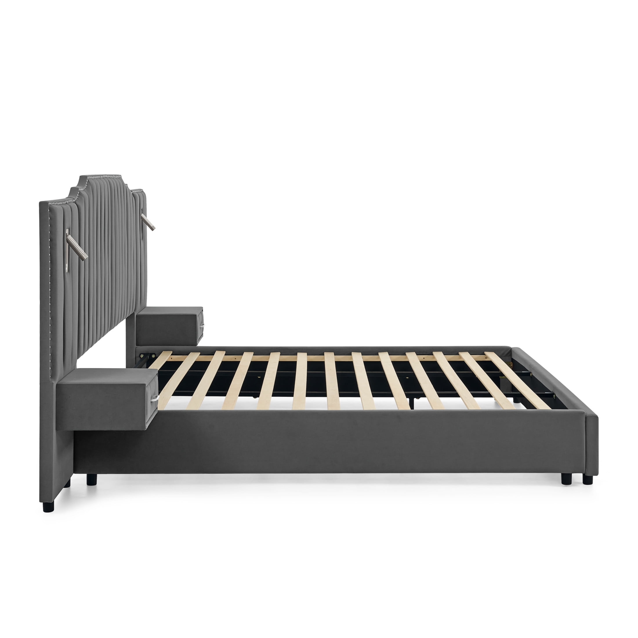 Noble House Neville 118" King Size Upholstered Bed Frame, Velvet Vertical Stripe Platform Bed with Lights, Gray
