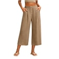 thumbnail image 2 of Bzdzmqm Women's High Waisted Wide Leg Capri Pants with Pockets Solid Casual Streetwear Elastic Waist Summer Cropped Beach Work Trousers Fashion, Khaki S, 2 of 7
