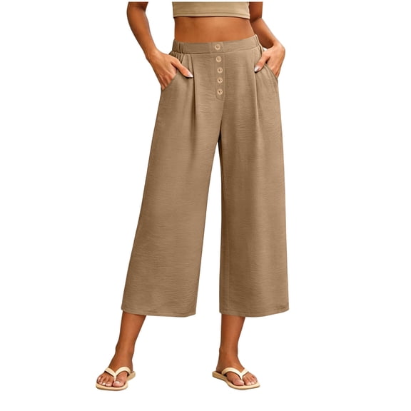 QIYAGBSA Women's Wide Leg Capri Pants Button Front Elastic Back Waist Side Pockets Summer Casual Wear (Khaki, L)