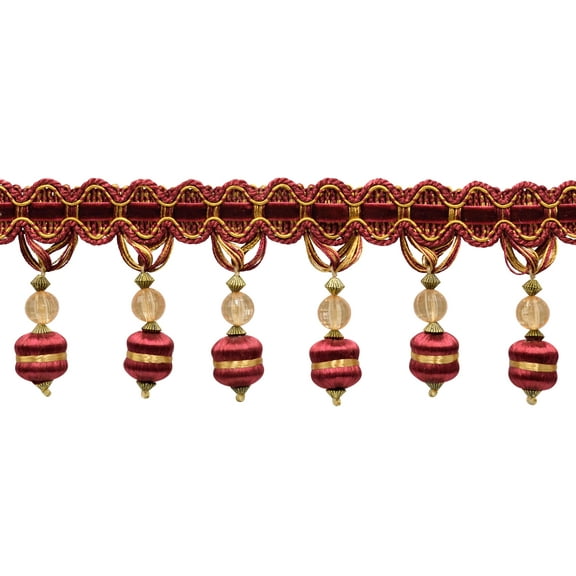 3" (7.5cm) Noblesse Collection Beaded Tassel Fringe Trim # BFH3,, Burgundy Gold Red #1253 (Carmine Red, Yellow Gold, Dark Red) Sold By The Yard (36"/3 ft/0.9m)