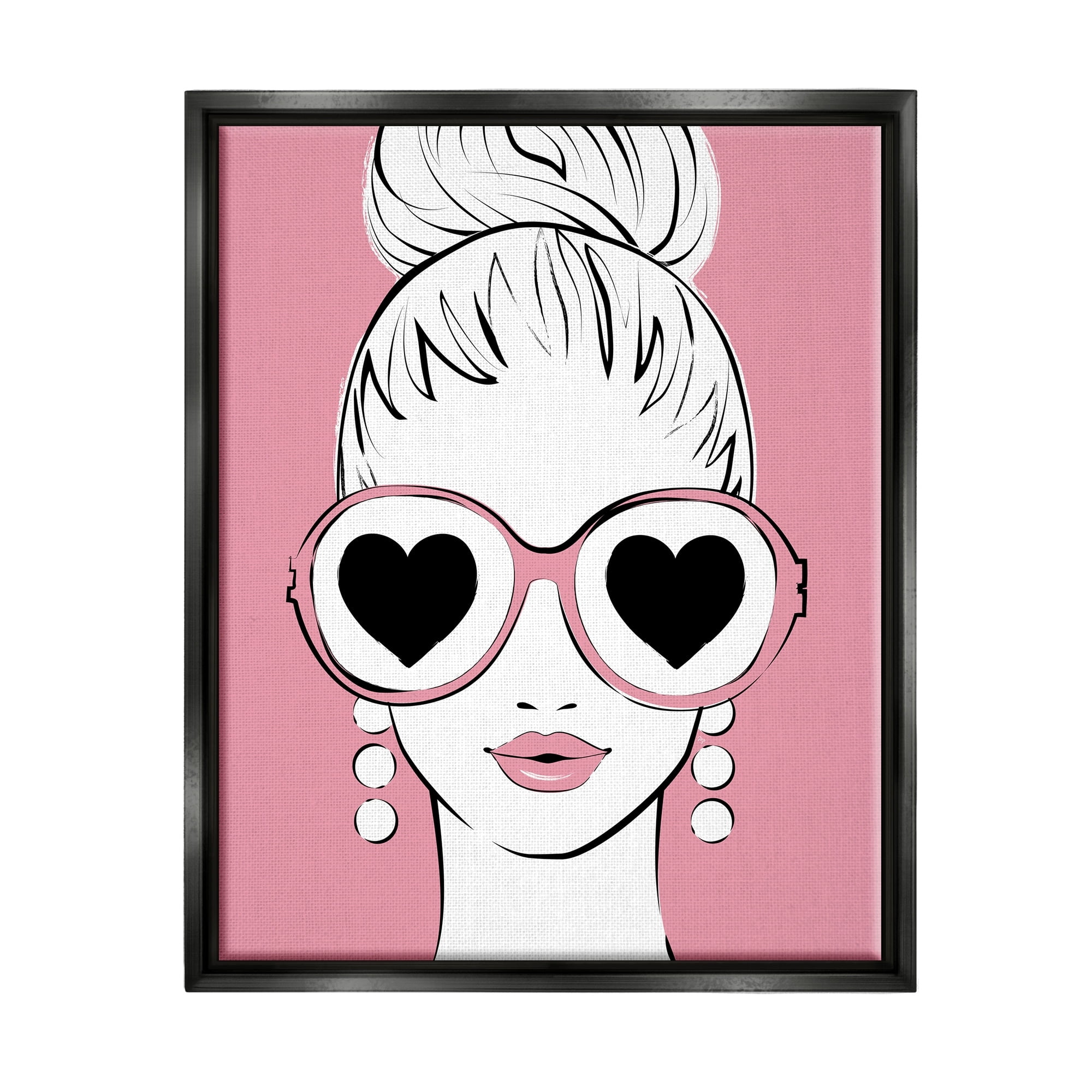 Stupell Industries Fashionable Woman Heart Sunglasses Pink Glam Drawing Graphic Art Metallic Gold Floating Framed Canvas Print Wall Art, Design by Martina Pavlova