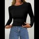 thumbnail image 5 of Tops de Larga Acanalados para Mujer, Camiseta Corta Ajustada y Elástica con Costuras Expuestas, Camiseta de Moda para y Otoño. Negro S, 5 of 10