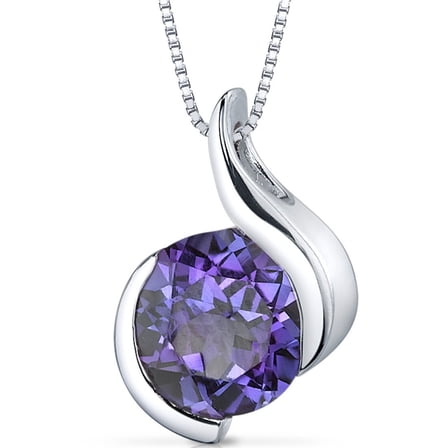 Peora Simulated Alexandrite Open Bezel Wave Solitaire Pendant Necklace for Women 925 Sterling Silver, Color Changing 2.55 Carats Round Shape 8mm, with 18 inch Chain