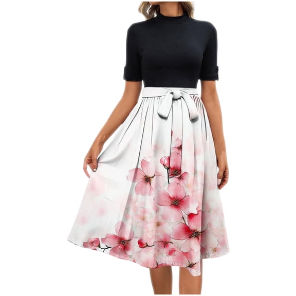 GNFQXSS Women's Printed Contrast Top Midi Dress Pull On Elegant Outdoor Dating Wear Flowy Pattern Waist Tie Design Pink L