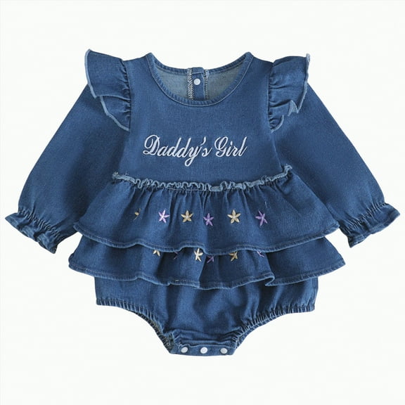 CAICJ98 Newborn Baby Girl Romper Ruffle Long Sleeve 3D Flower Embroidery Denim Jeans Bodysuit with Heandband Fall Winter Outfit Clothes (Blue,12-18 Months)