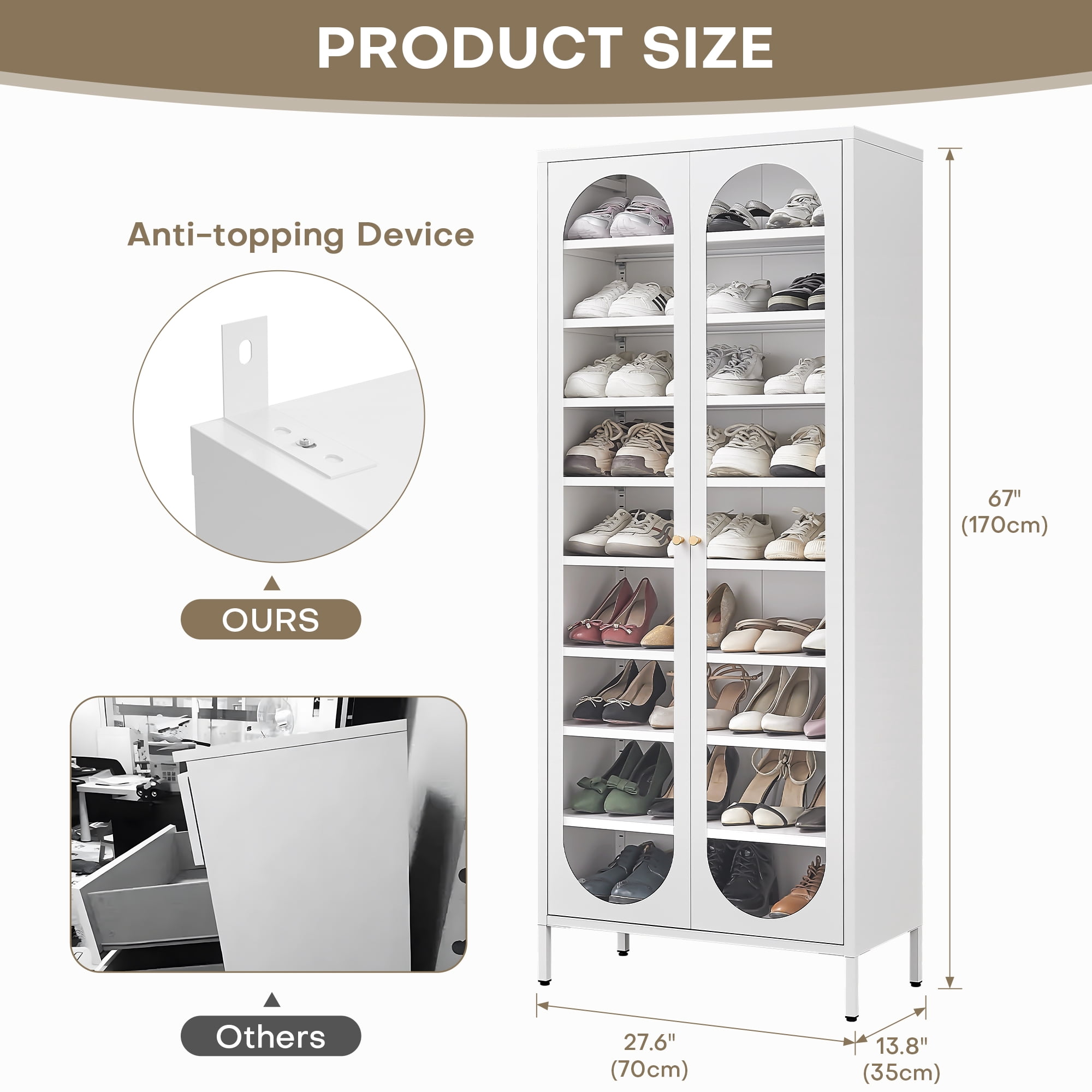ANMINY 9-Tier Tall Shoe Storage Cabinet 67"H Shoe Cabinet with Glass Doors 9-Tier Shoe Organizer Rack with 8 Adjustable Shelves Max. Store 27-36 Pairs for Entryway Hallway Cloakroom Living Room, White