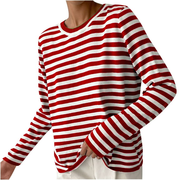 UAMVSH Womens Sweaters Fall Fashion Striped Round Neck Long Sleeve Casual Pullover Tops Basic Sweater