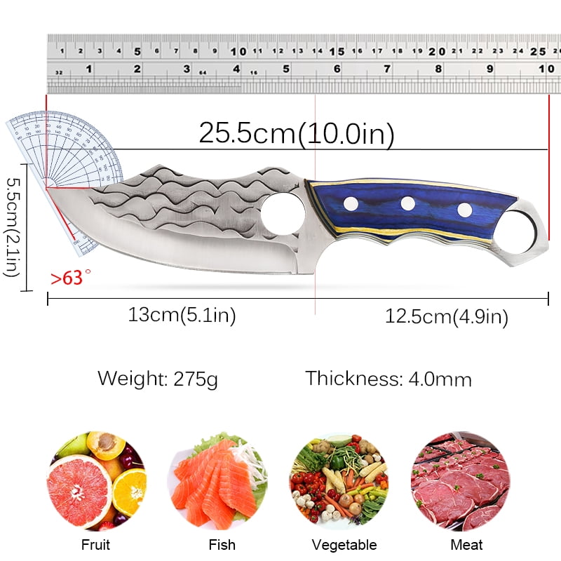 Hand Forged Outdoor Hunting Knife, Blue Wood Handle Survival Knife with Sheath, Full Tang Sharp Fixed Blade Knife for Camping Hiking Daily Use