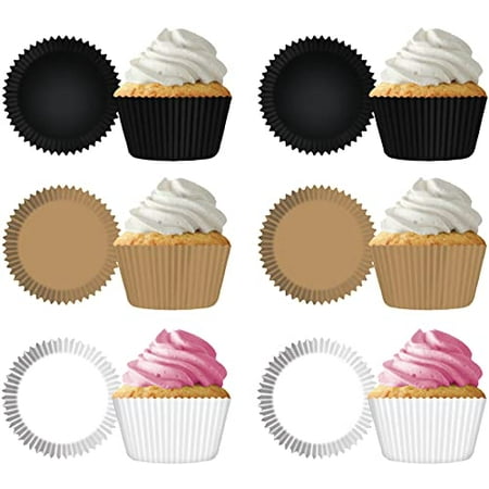 MADE IN USA Pack of 144 Thick Grease Resistant Fluted Cupcake Liners (Black, Brown & White)