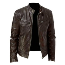 Olyvenn Fashion Men Faux Leather Zip Up Jacket Stand Collar Leather Motorcycle Jacket Lightweight Bomber Outwear PU Coat Brown 10