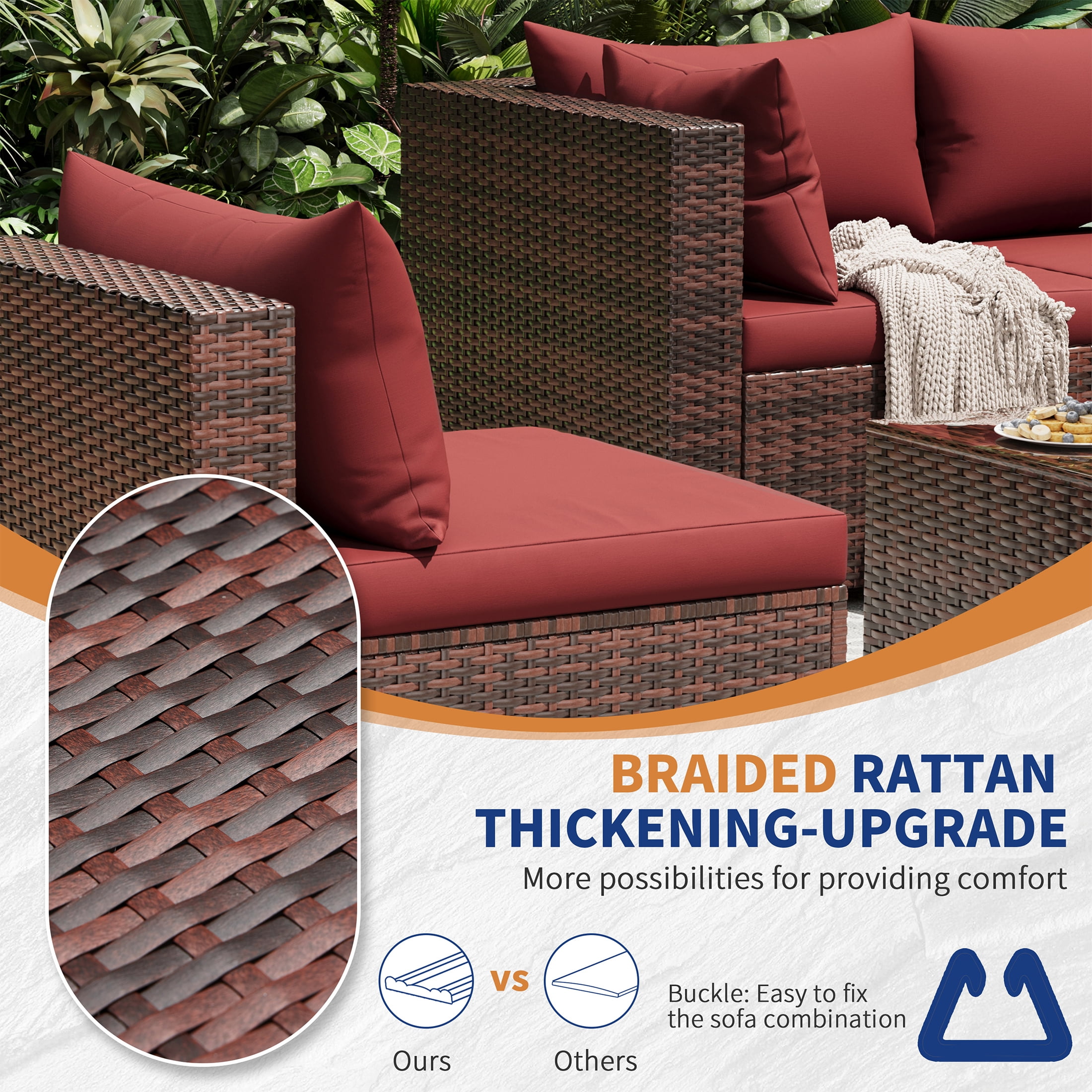 UDPATIO Patio Furniture Sets, Modular Rattan Outdoor Patio Sectional Furniture with 44" Fire Pit Table,, Wicker Patio Conversation Set for Backyard, Deck, Poolside w/Glass Coffee Table, 7PC Wine Red