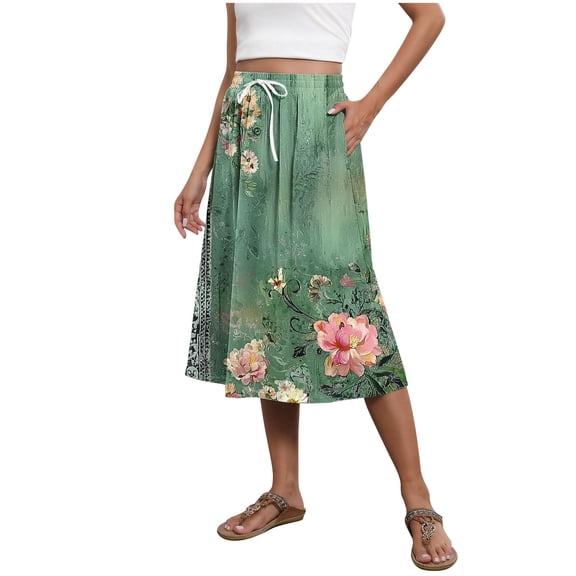 Dianli Gifts Skirt Skorts Women's Printed Drawstring Side Pocket Casual Loose Skirt Print High Waist Lightweight Cotton Linen Pull On Summer Travel Beach Skirt Skorts