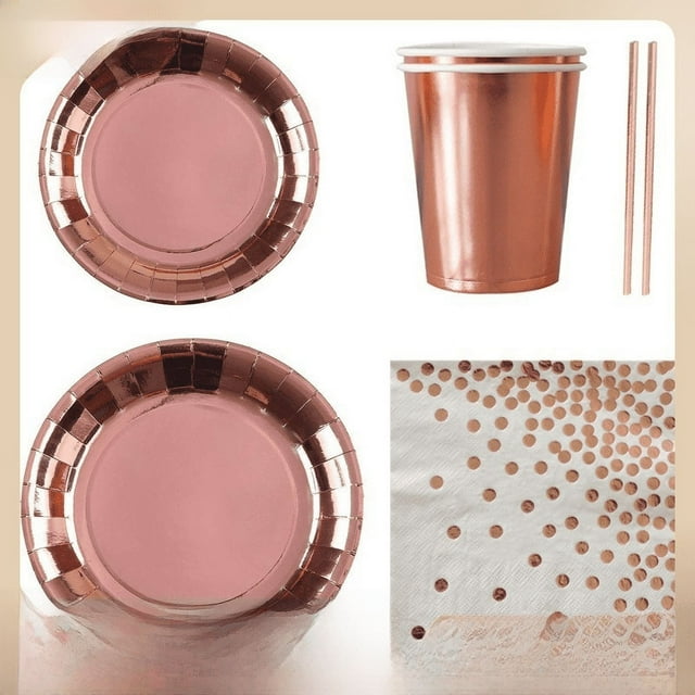 Juego de vajilla desechable de oro rosa bronceado, vasos de papel, platos de papel, manteles, suministros para fiestas, juego de decoración