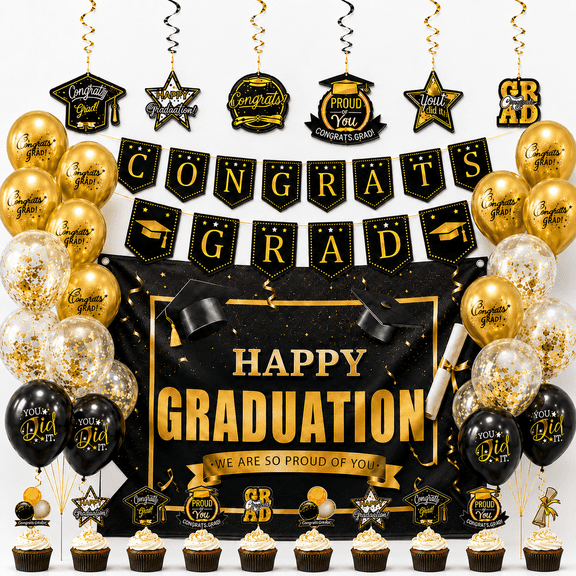 Kabuer Graduation Decorations 2026 Graduation Party Supplies Graduation Balloons Banner Photo Backdrop Swirl and Cupcake Toppers for Class of 2026 School Celebrations