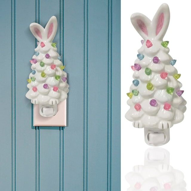Árbol de Pascua de cerámica con forma de conejo, decoración retro para árbol de Navidad, con enchufe, para pared, con cuentas multicolores, orejas de conejo, para cocina, baño y dormitorio.