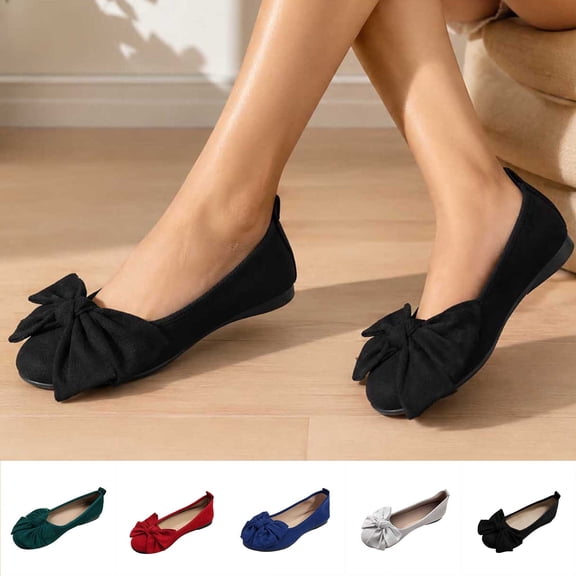 Viluyesy Womens Ballet Flats Round Toe Faux Suede Bow Slip On Cushioned Breathable Everyday Dressy Flat Shoes Blue Size US7.5