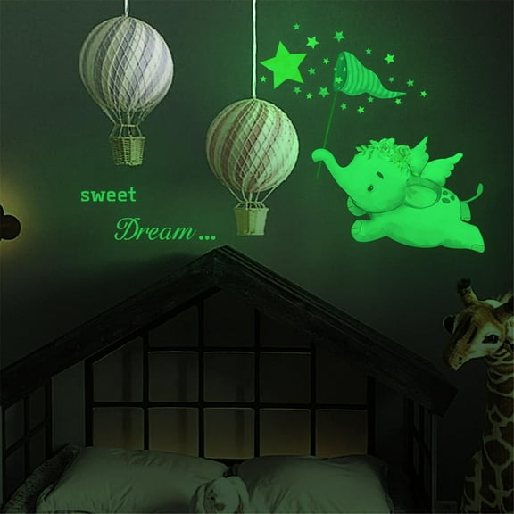 Kids Bedroom Set Cartoon Elephant Wall Decals Cute Balloons Flying Animals Wall Stickers Stars Removable Diy Wall Decor For Kids Girls Baby Bedroom Classroom Nursery Home Decoration Luminous, Househo