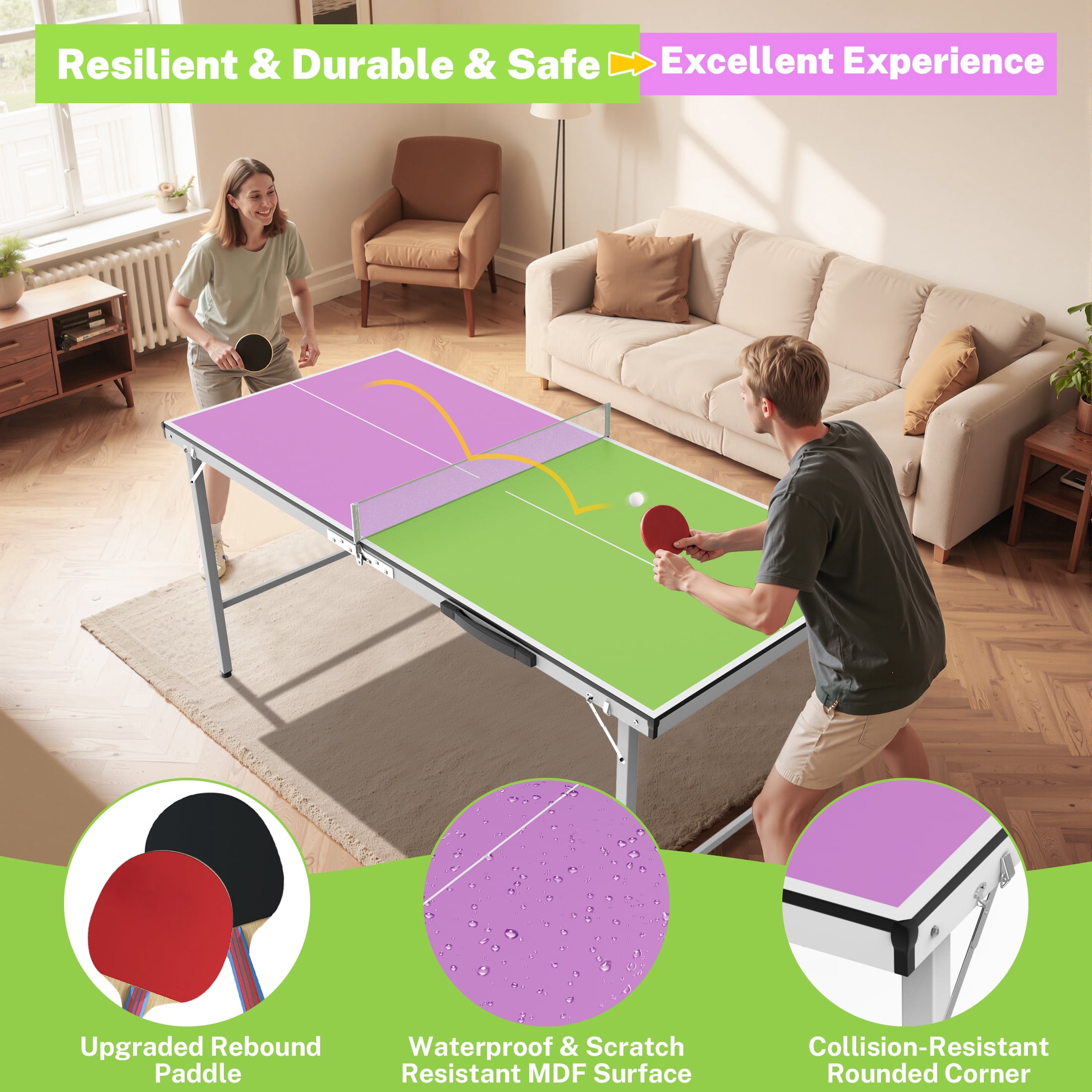 5ft Foldable Table Tennis Table, SEGMART Foldable Portable Ping Pong Table with Net, 2 Ping Pong Paddles, 3 Balls for Adults and Kids, Portable Table Tennis Set, Game Table for Indoor Outdoor Games
