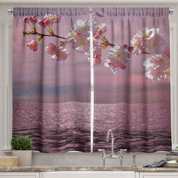 Ambesonne Japanese Kitchen Curtains, Cherry Tree Branch, 55"x45", Pink and Pale Pink