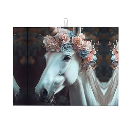 

Large Dish Drying Mats for Kitchen Counter - Flower Crown White Horse 18x24In Anti-Slip Absorbent Microfiber Drying Mat for Kitchen Counter Mat Dish Rack Mat with Hanging Loop