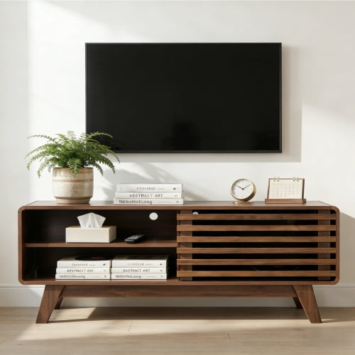 DRNANLIT 46" TV Stand with Storage, Mid Century Modern Farmhouse TV Stand Center with Slatted Sliding Door, Media Console for Living Room,Walnut(Fits TVs Up to 50")