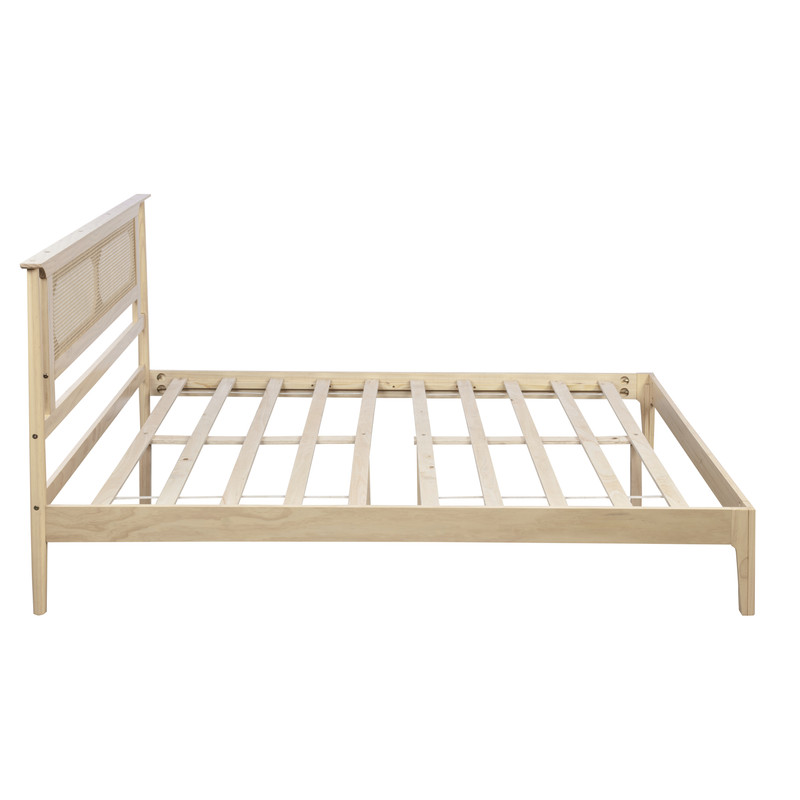 Queen Size Wooden Platform Bed with Rattan Headboard, Low-Profile Bed Frame with 8.6'' Under-Bed Storage