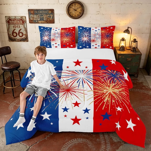 Manfei Firework Star Full Size Comforter Sets, Red White Blue Stripe Bedding Comforter Set, Black Reversible 3pcs, 1 Comforter and 2 Pillowcases