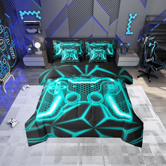 Erosebridal Teal Gamepads Bedding Sets Twin Size,Video Game Comforter Sets with Sheets,Geometric Plaid Bed in a Bag Twin size,Microfiber Male Bedroom Decor,Reversible,7pcs