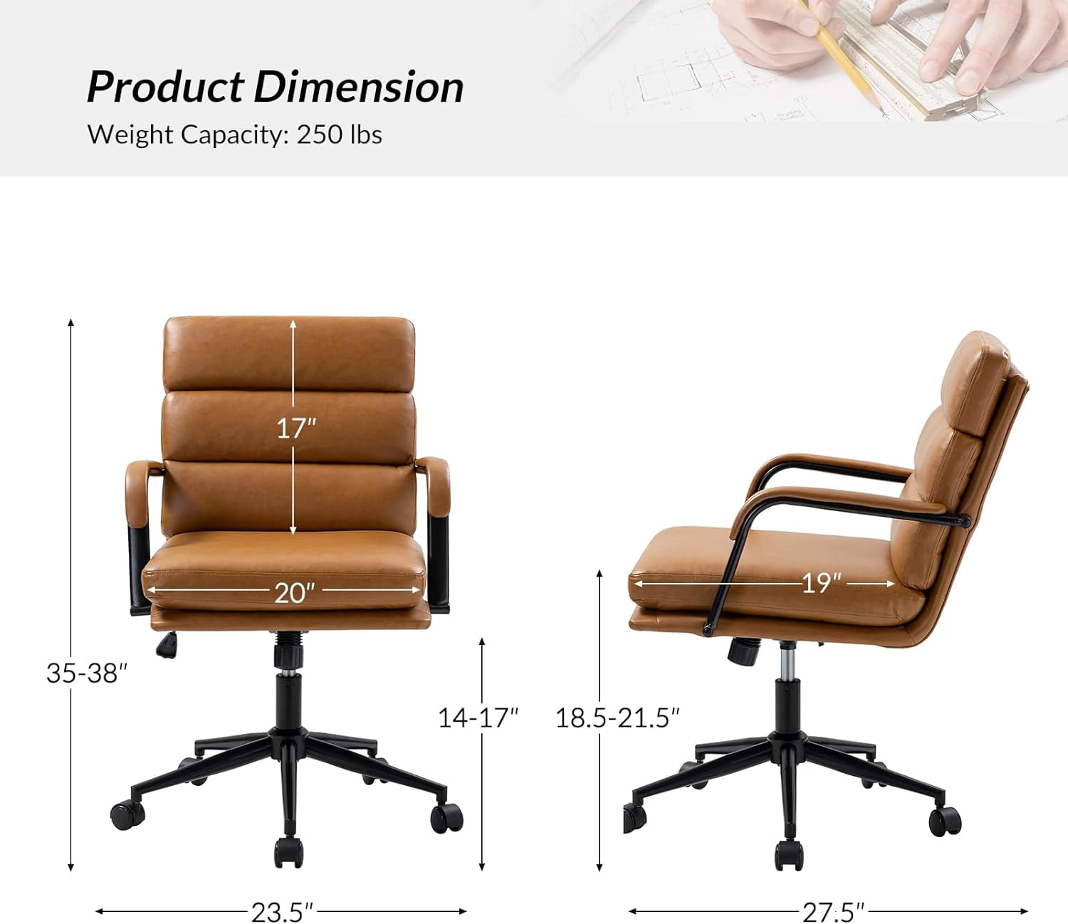 Faux Leather Home Office Chair, Swivel Task Desk Chair with Padded Cushion  Camel