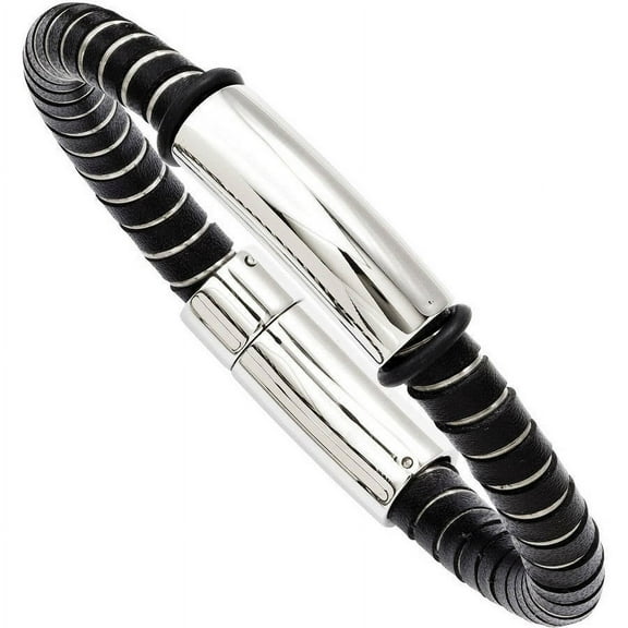 Stainless Steel Black Leather Bracelet, 8.75