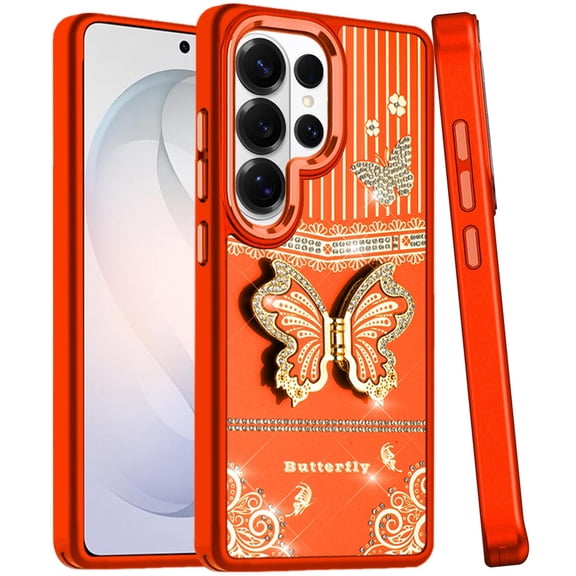 Phone Case for Samsung Galaxy S26 Ultra Glitter Bling Butterfly Stand Metallic Edge Hybrid Shockproof Grip Durable Camera Protection Stylish Design Cover Orange