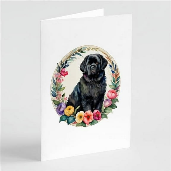 Newfoundland and Flowers Greeting Cards and Envelopes Pack of 8 7 in x 5 in
