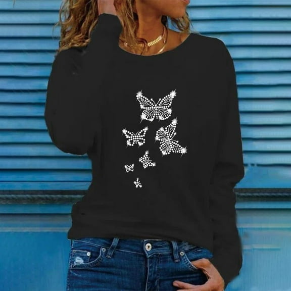 OKBOP Gold Tops for Women,Fashion Casual Rhinestone Printed Long Sleeve Round-Neck S Shirts Black Blouse Fall Womens Tops