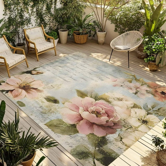 Fsddascl Vintage Pink Peony Outdoor Rug for Patio/Deck/Porch, Non-Slip Large Area Rug 5 x 8 Ft, Spring Botanical Flowers Indoor Outdoor Rugs Washable Area Rugs, Reversible Camping Rug Carpet Runner