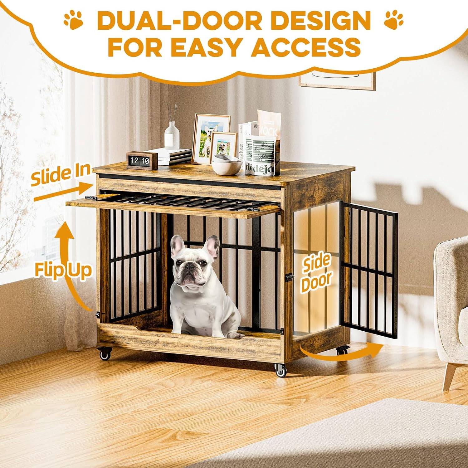 38" Wooden Dog Crate Furniture with Double Door, Lockable Wheels & Blackout Curtain – Decorative End Table Kennel for Large & Medium Breed Dogs, Rustic Brown