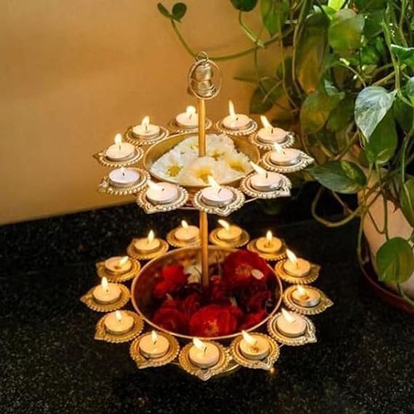Decorative Urli Diya Flowers 2 Layer Diya Bowls Handcrafted Bowl for Floating Tea Light Candles Home Office & Table Dcor Diyas for Festival 2 Layer