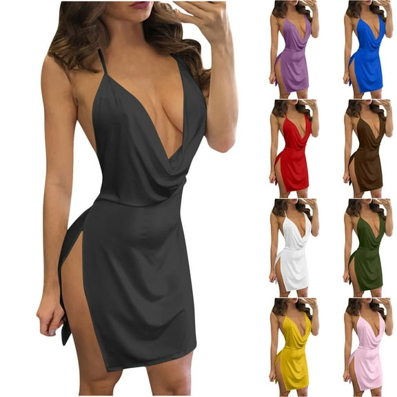 ZZwxWA Womens Sexy Backless V Neck Mini Dress High Slit Club Night Out Party Cocktail Dresses A Line Dresses for Women