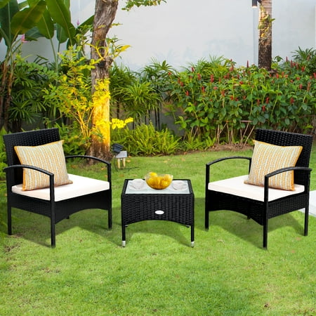 Costway 3 PCS Furniture Set Table & 2 Chair Patio Wicker Rattan W